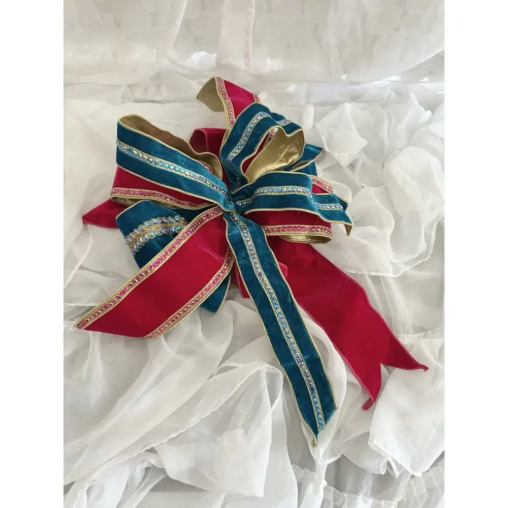 LARGE Handmade Velvet Crystal Christmas Bows Pink Blue Gold Tree Wreath Decor